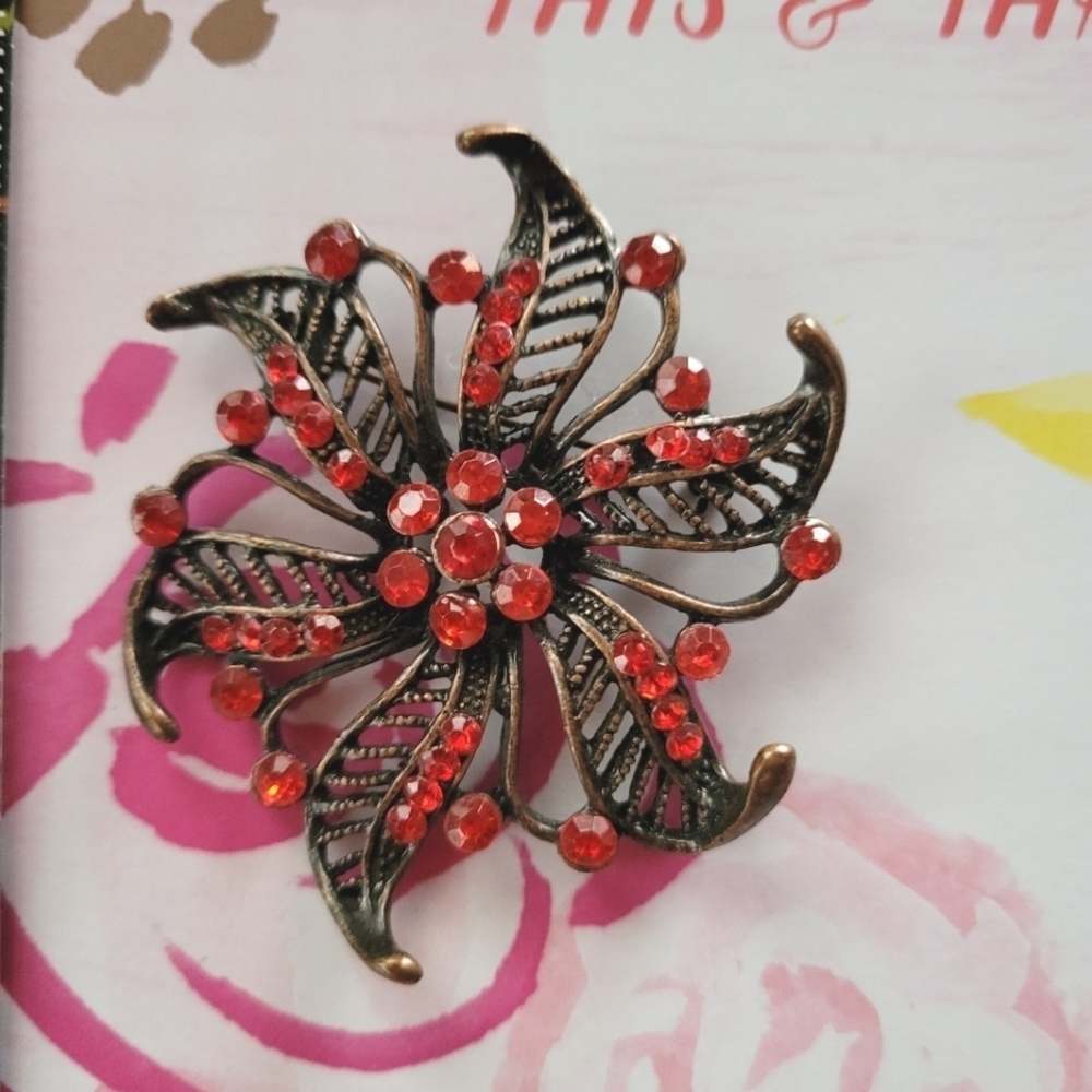 Vintage Style Brooch Bronze Red Stones